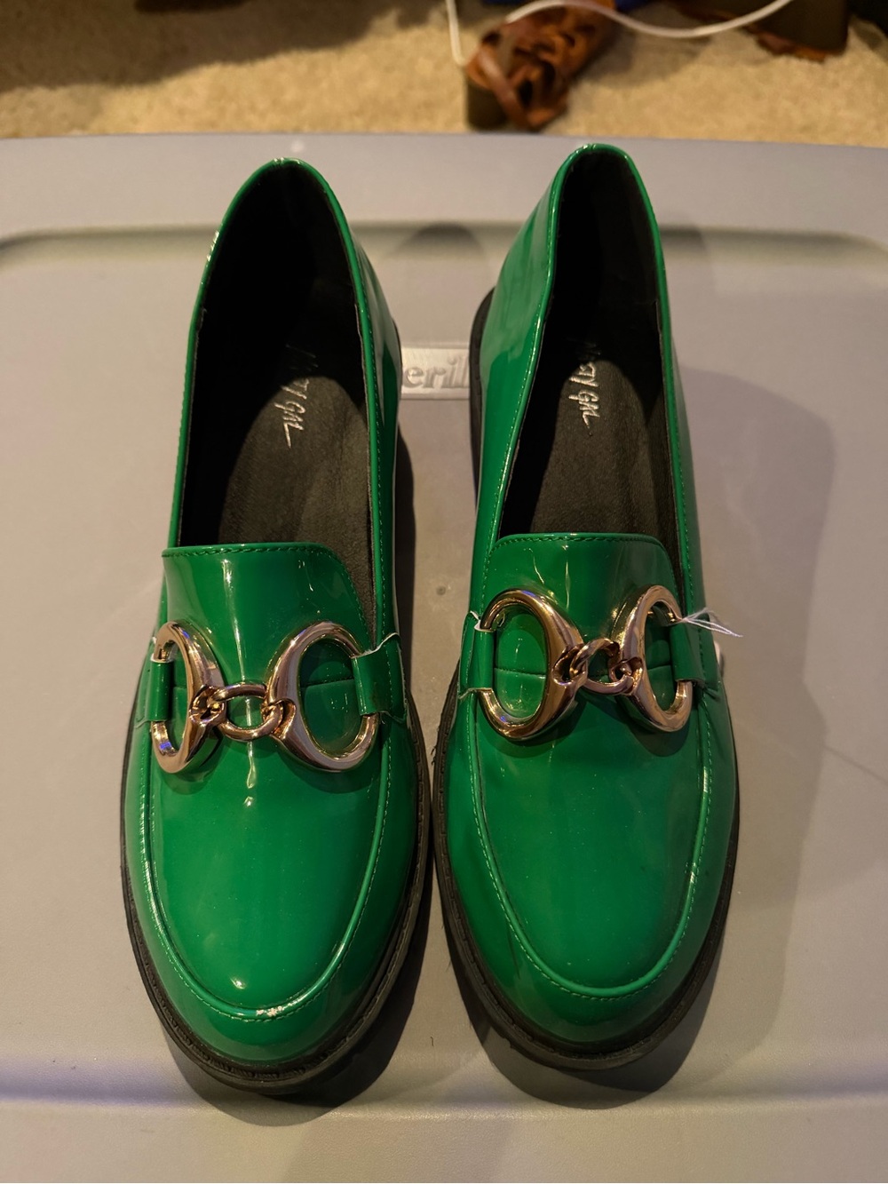 Nasty Gal Emerald Green Patent Loafers with Gold Chain